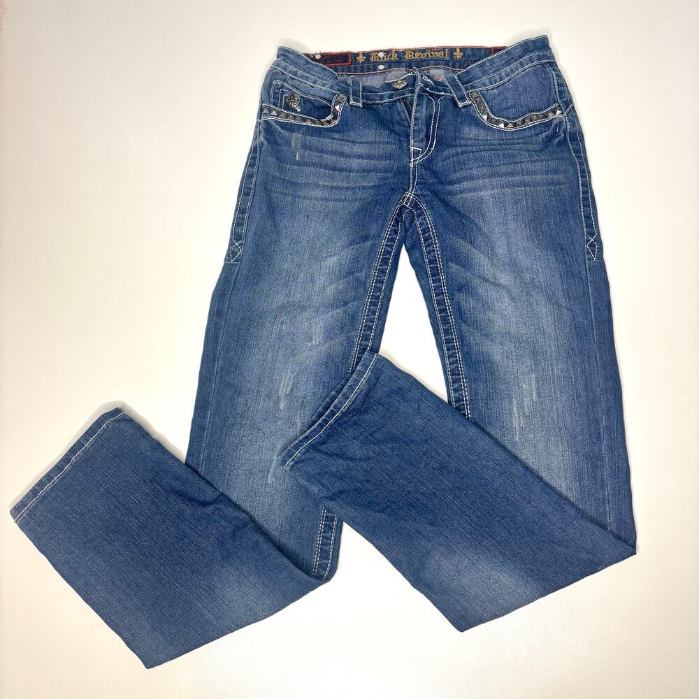 Rock Revival John Straight Studded Distressed Jeans 28